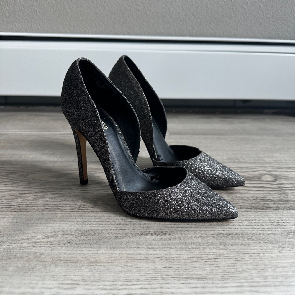 Experess  Black Silver Glitter Heels 7